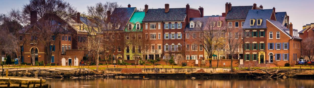 A row of buildings near a shoreline